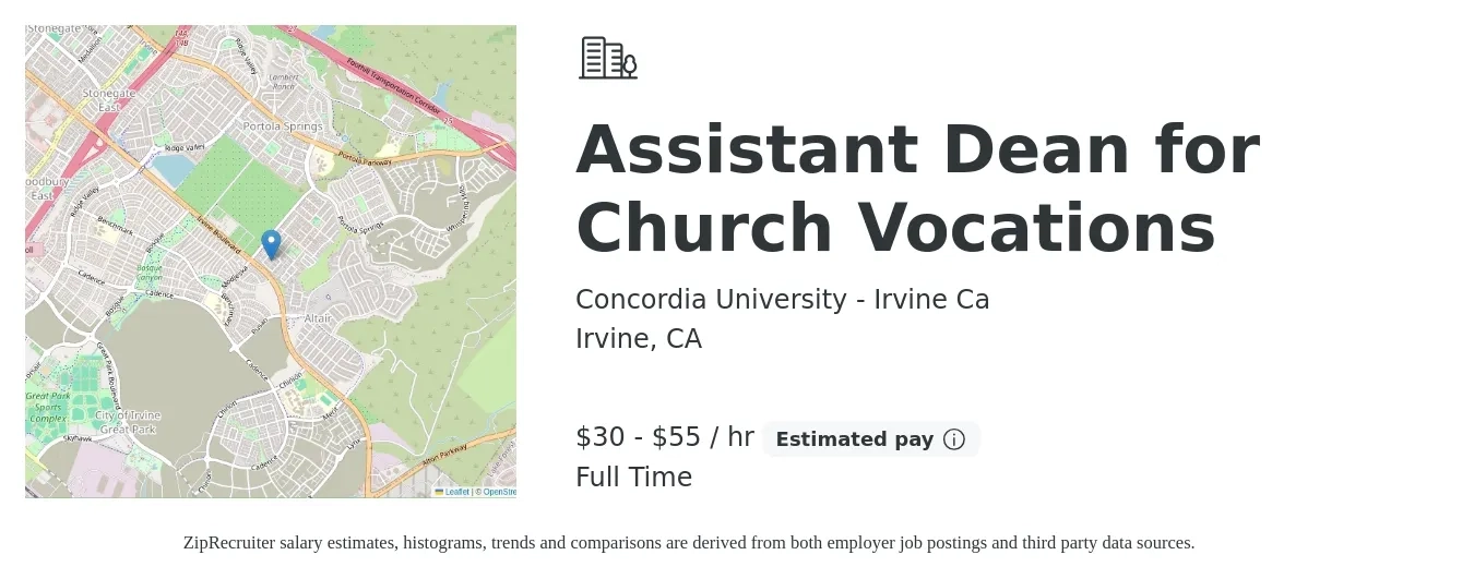 Concordia University - Irvine Ca job posting for a Assistant Dean for Church Vocations in Irvine, CA with a salary of $66,560 to $120,382 Yearly with a map of Irvine location.
