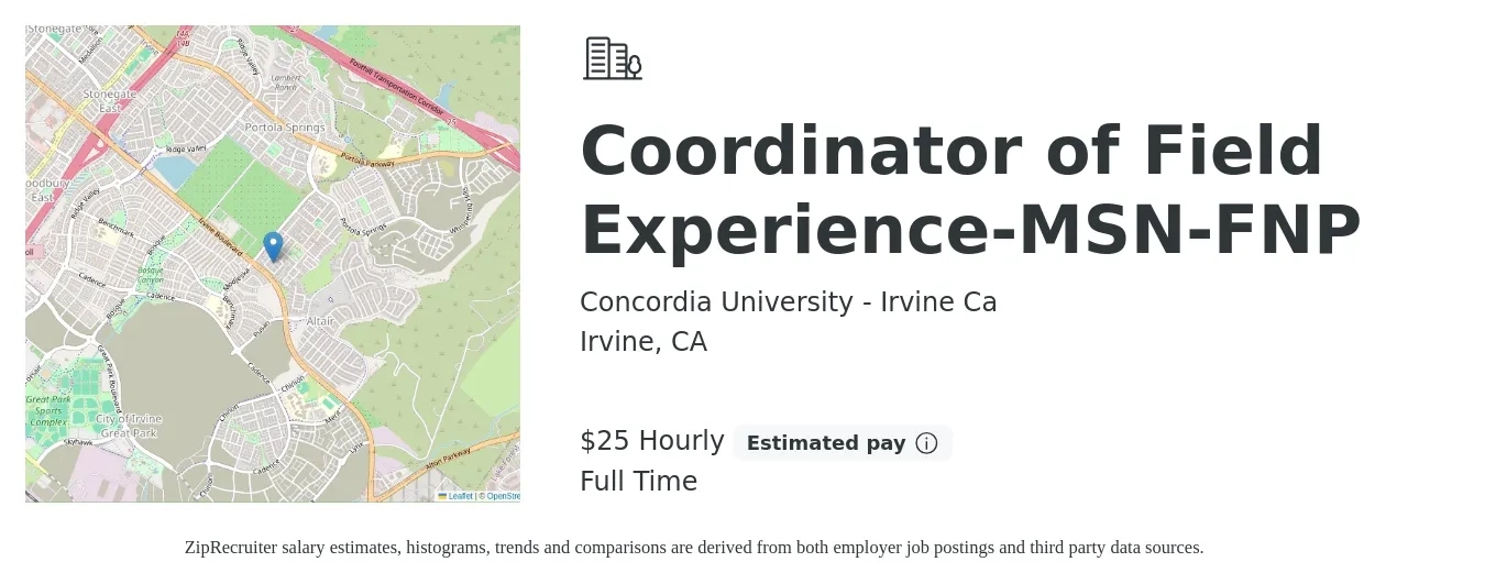 Concordia University - Irvine Ca job posting for a Coordinator of Field Experience-MSN-FNP in Irvine, CA with a salary of $26 to $27 Hourly with a map of Irvine location.