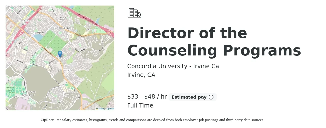 Concordia University - Irvine Ca job posting for a Director of the Counseling Programs in Irvine, CA with a salary of $72,000 to $105,000 Yearly with a map of Irvine location.