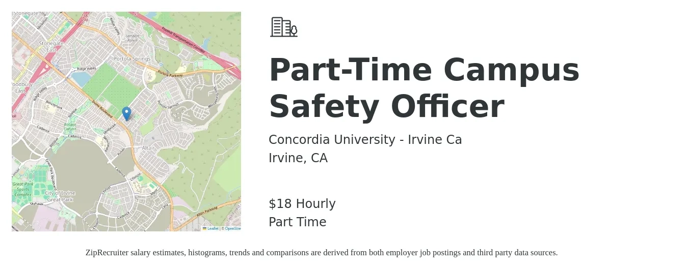 Concordia University - Irvine Ca job posting for a Part-Time Campus Safety Officer in Irvine, CA with a salary of $19 Hourly with a map of Irvine location.