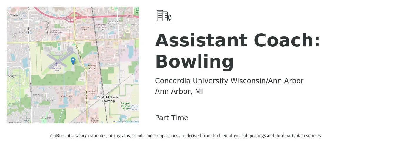 Concordia University Wisconsin/Ann Arbor job posting for a Assistant Coach: Bowling in Ann Arbor, MI with a map of Ann Arbor location.