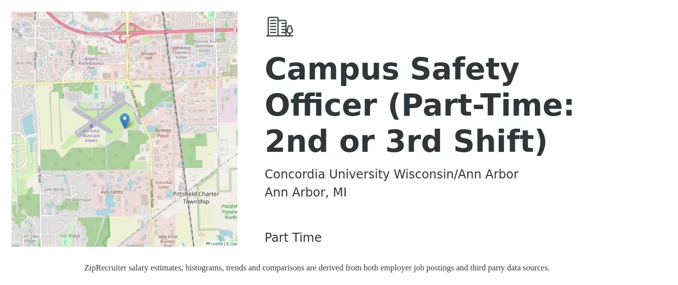 Concordia University Wisconsin/Ann Arbor job posting for a Campus Safety Officer (Part-Time: 2nd or 3rd Shift) in Ann Arbor, MI with a salary of $17 to $23 Hourly with a map of Ann Arbor location.