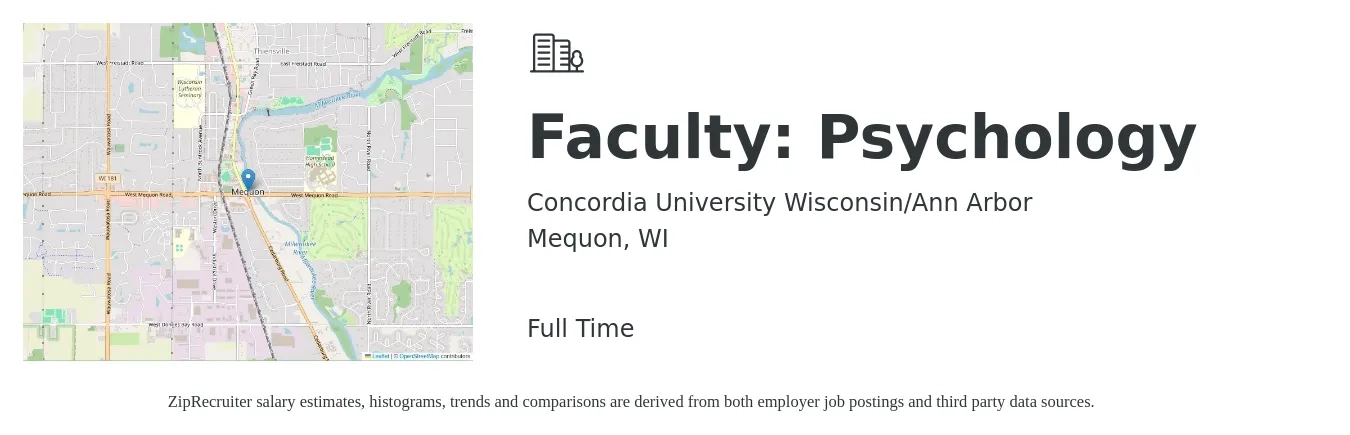 Concordia University Wisconsin/Ann Arbor job posting for a Faculty: Psychology in Mequon, WI with a salary of $40,200 to $46,300 Yearly with a map of Mequon location.