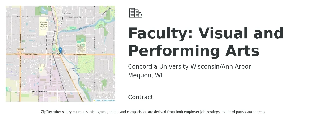 Concordia University Wisconsin/Ann Arbor job posting for a Faculty: Visual and Performing Arts in Mequon, WI with a map of Mequon location.