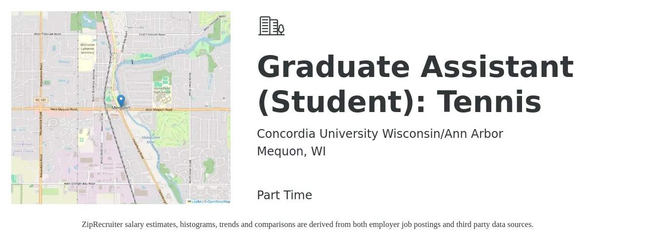 Concordia University Wisconsin/Ann Arbor job posting for a Graduate Assistant (Student): Tennis in Mequon, WI with a salary of $13 to $17 Hourly with a map of Mequon location.