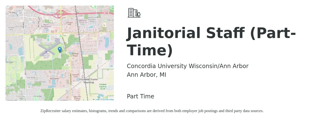Concordia University Wisconsin/Ann Arbor job posting for a Janitorial Staff (Part-Time) in Ann Arbor, MI with a salary of $14 to $18 Hourly with a map of Ann Arbor location.