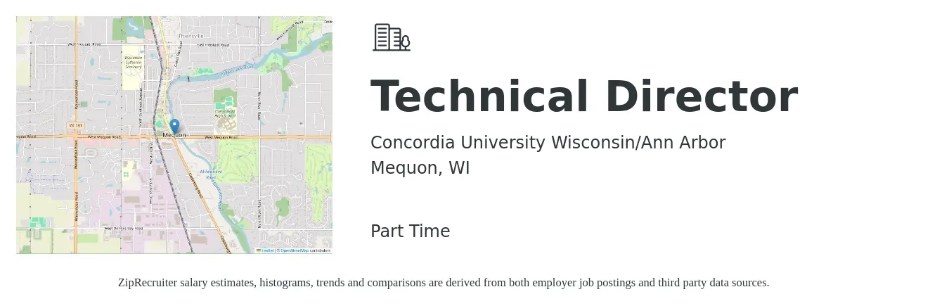 Concordia University Wisconsin/Ann Arbor job posting for a Technical Director in Mequon, WI with a salary of $59,400 to $135,100 Yearly with a map of Mequon location.