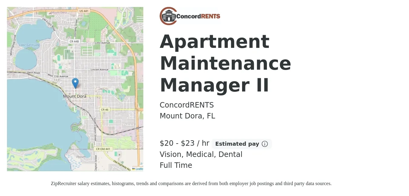 ConcordRENTS job posting for a Apartment Maintenance Manager II in Mount Dora, FL with a salary of $21 to $24 Hourly and benefits including dental, life_insurance, medical, pto, retirement, and vision with a map of Mount Dora location.