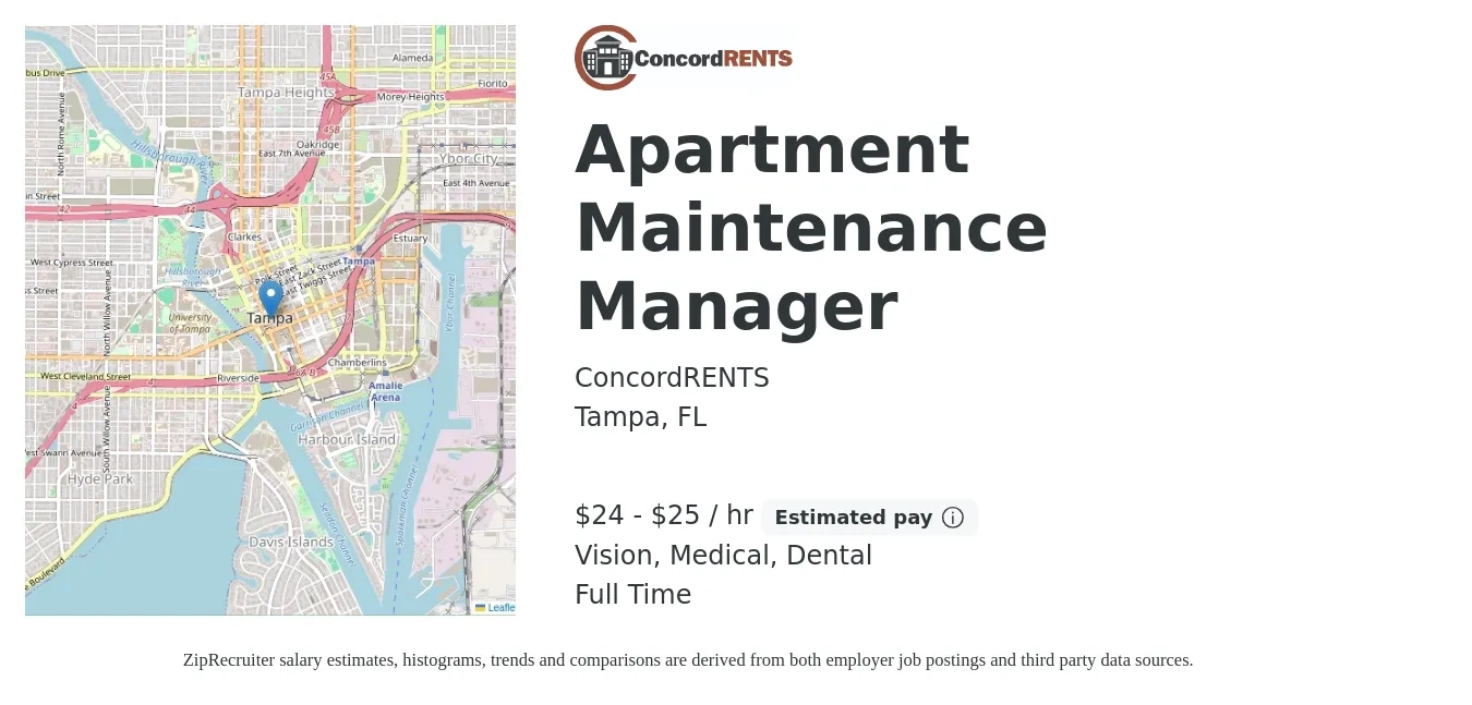 ConcordRENTS job posting for a Apartment Maintenance Manager in Tampa, FL with a salary of $25 to $26 Hourly (plus commission) and benefits including life_insurance, medical, pto, retirement, vision, and dental with a map of Tampa location.
