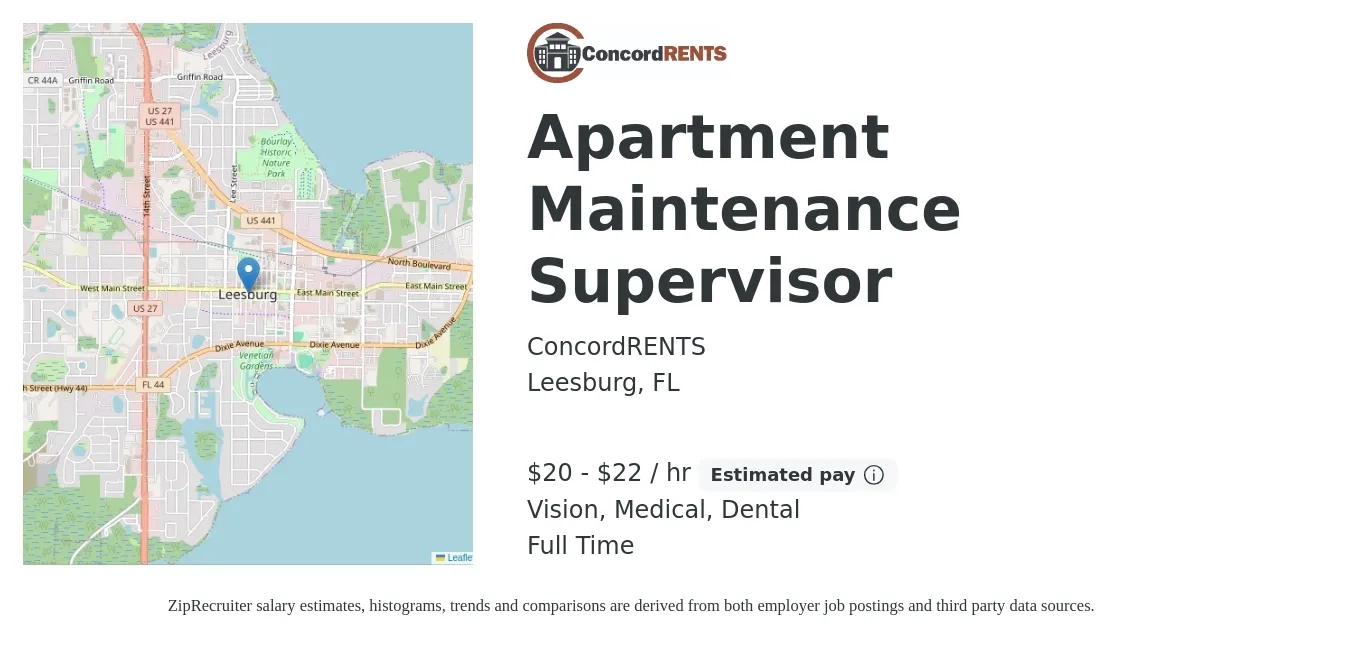 ConcordRENTS job posting for a Apartment Maintenance Supervisor in Leesburg, FL with a salary of $21 to $23 Hourly and benefits including pto, retirement, vision, dental, life_insurance, and medical with a map of Leesburg location.