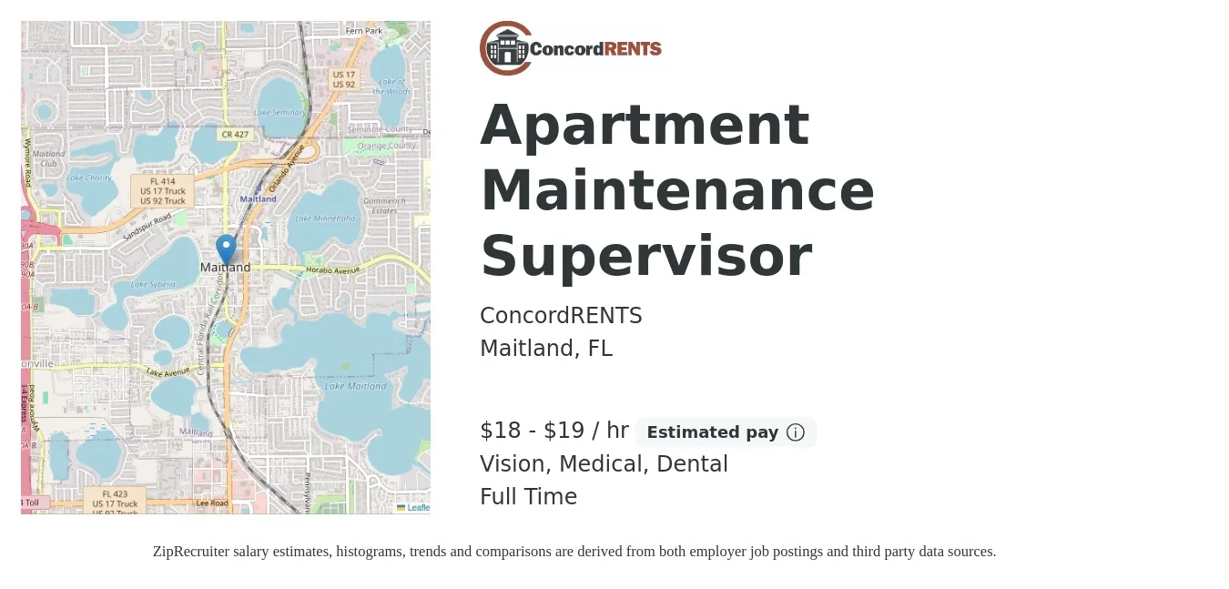 ConcordRENTS job posting for a Apartment Maintenance Supervisor in Maitland, FL with a salary of $19 to $20 Hourly and benefits including dental, life_insurance, medical, pto, retirement, and vision with a map of Maitland location.