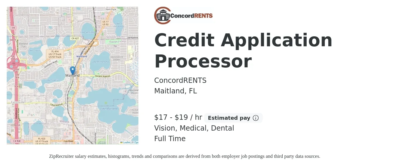 ConcordRENTS job posting for a Credit Application Processor in Maitland, FL with a salary of $18 to $20 Hourly and benefits including dental, life_insurance, medical, pto, retirement, and vision with a map of Maitland location.