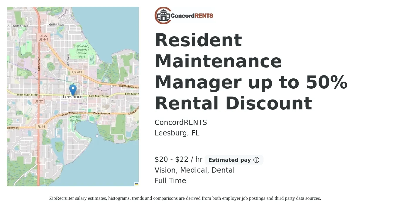 ConcordRENTS job posting for a Resident Maintenance Manager up to 50% Rental Discount in Leesburg, FL with a salary of $21 to $23 Hourly and benefits including pto, retirement, vision, dental, life_insurance, and medical with a map of Leesburg location.