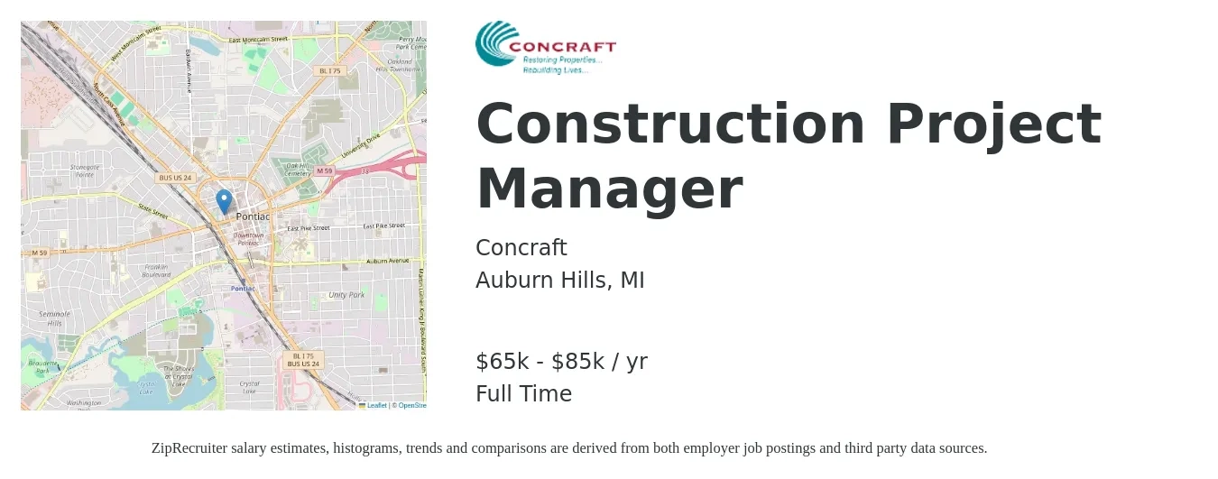 Concraft job posting for a Construction Project Manager in Auburn Hills, MI with a salary of $65,000 to $85,000 Yearly with a map of Auburn Hills location.