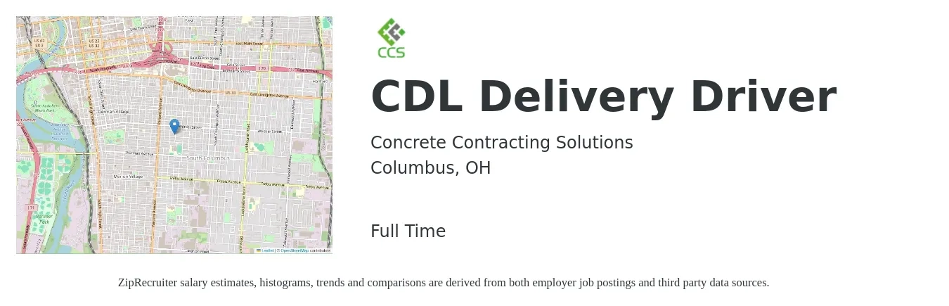 Concrete Contracting Solutions job posting for a CDL Delivery Driver in Columbus, OH with a salary of $26 to $30 Hourly with a map of Columbus location.