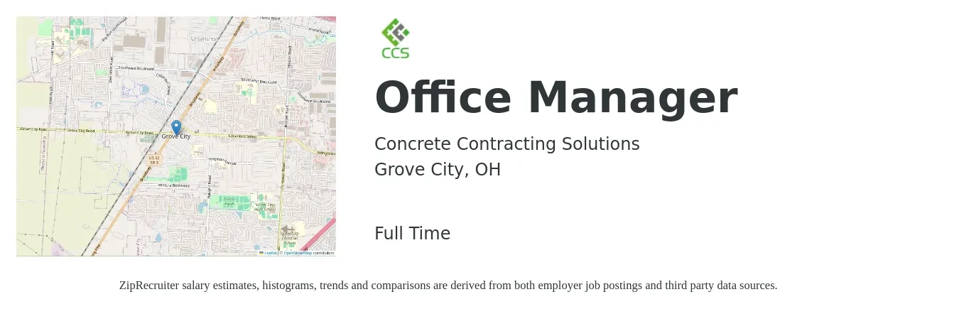 Concrete Contracting Solutions job posting for a Office Manager in Grove City, OH with a salary of $37,500 to $55,400 Yearly with a map of Grove City location.