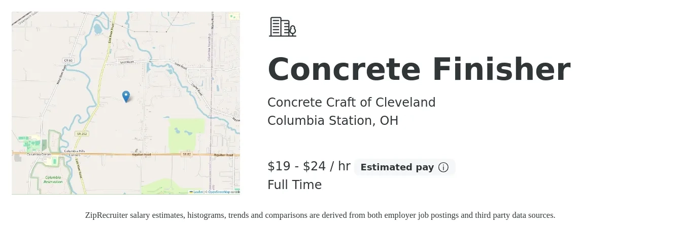Concrete Craft of Cleveland job posting for a Concrete Finisher in Columbia Station, OH with a salary of $20 to $25 Hourly with a map of Columbia Station location.