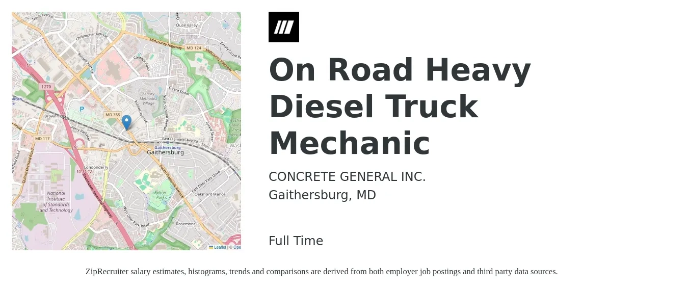 Concrete General job posting for a On Road Heavy Diesel Truck Mechanic in Gaithersburg, MD with a salary of $27 to $36 Hourly with a map of Gaithersburg location.