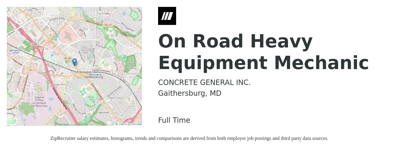 CONCRETE GENERAL INC. job posting for a On Road Heavy Equipment Mechanic in Gaithersburg, MD with a salary of $66,000 to $128,000 Yearly with a map of Gaithersburg location.