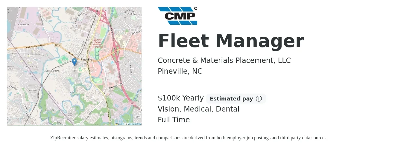 Concrete & Materials Placement, LLC job posting for a Fleet Manager in Pineville, NC with a salary of $100,000 Yearly (plus commission) and benefits including dental, life_insurance, medical, retirement, and vision with a map of Pineville location.