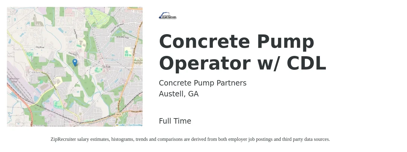 Concrete Pump Partners job posting for a Concrete Pump Operator w/ CDL in Austell, GA with a salary of $20 to $27 Hourly with a map of Austell location.