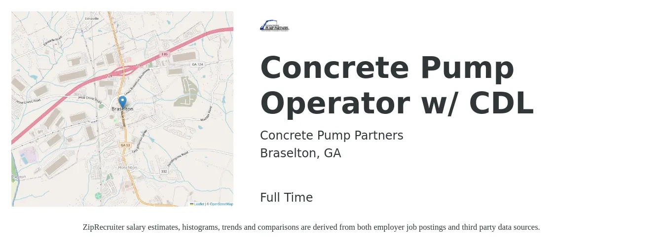 Concrete Pump Partners job posting for a Concrete Pump Operator w/ CDL in Braselton, GA with a salary of $21 to $28 Hourly with a map of Braselton location.