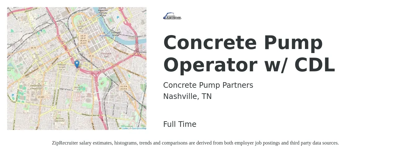 Concrete Pump Partners job posting for a Concrete Pump Operator w/ CDL in Nashville, TN with a salary of $22 to $29 Hourly with a map of Nashville location.