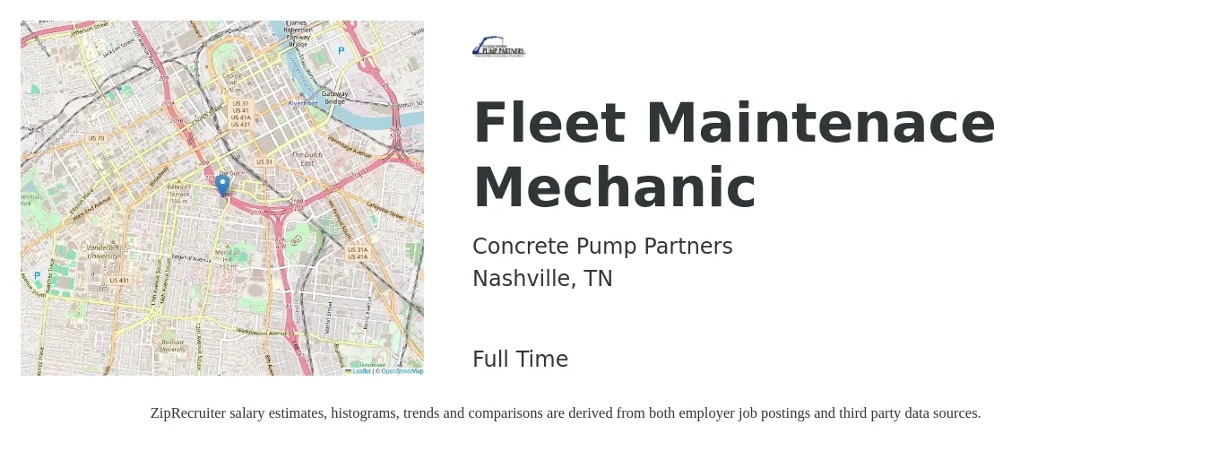 Concrete Pump Partners job posting for a Fleet Maintenace Mechanic in Nashville, TN with a salary of $24 to $30 Hourly with a map of Nashville location.