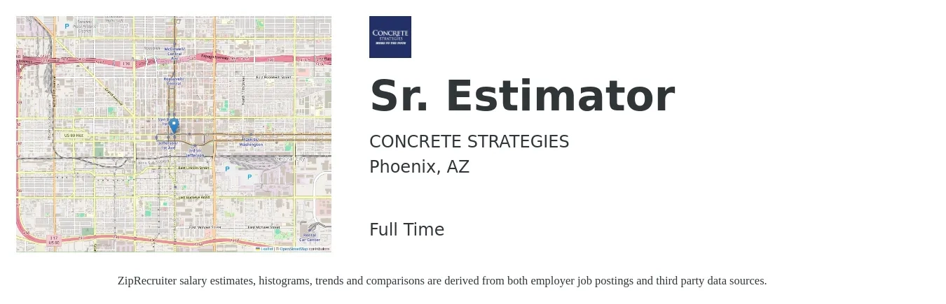 CONCRETE STRATEGIES job posting for a Sr. Estimator in Phoenix, AZ with a salary of $96,000 to $138,000 Yearly with a map of Phoenix location.