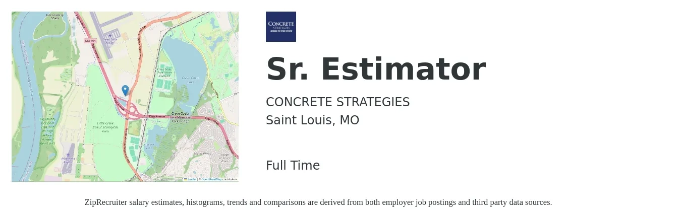 CONCRETE STRATEGIES job posting for a Sr. Estimator in Saint Louis, MO with a salary of $94,100 to $135,300 Yearly with a map of Saint Louis location.
