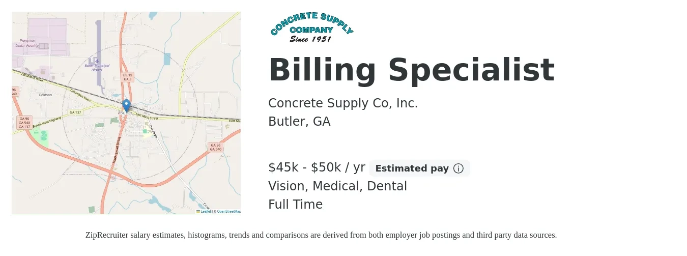 Concrete Supply Co, Inc. job posting for a Billing Specialist in Butler, GA with a salary of $18 to $24 Hourly and benefits including life_insurance, medical, pto, retirement, vision, and dental with a map of Butler location.