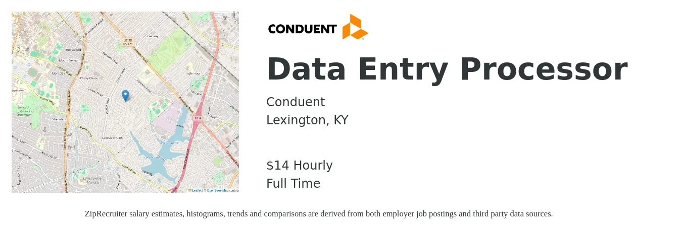 Conduent job posting for a Data Entry Processor in Lexington, KY with a salary of $15 Hourly with a map of Lexington location.