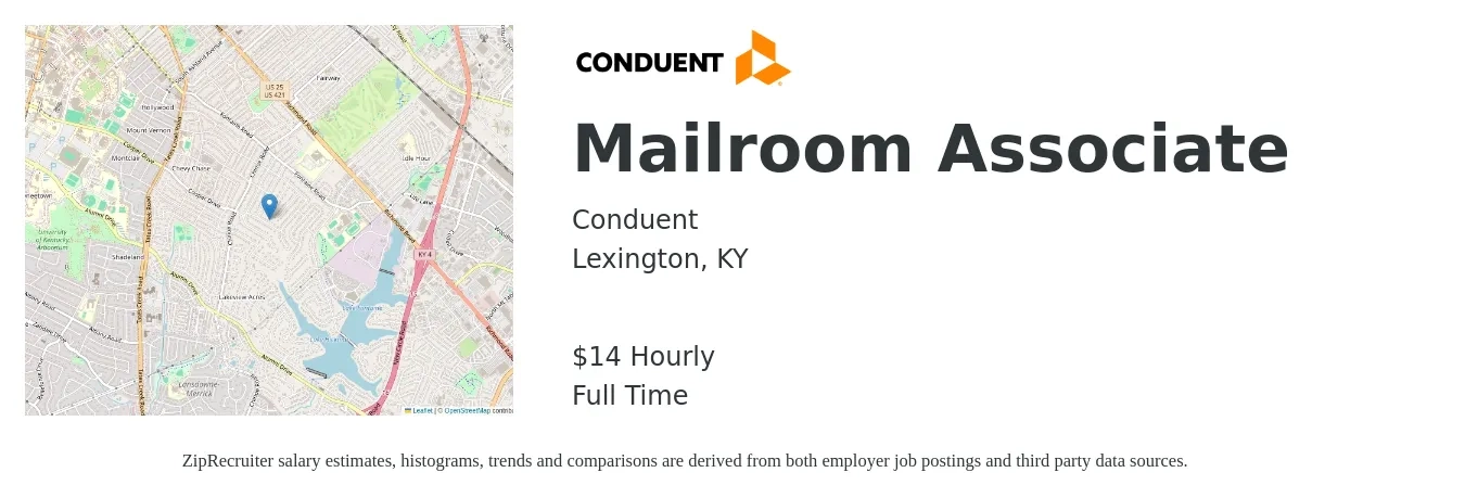 Conduent job posting for a Mailroom Associate in Lexington, KY with a salary of $15 Hourly with a map of Lexington location.