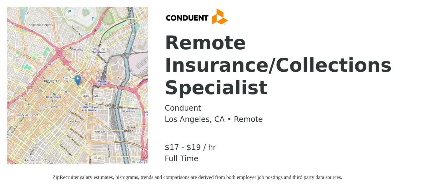 Conduent, Inc. job posting for a Remote Insurance/Collections Specialist in Los Angeles, CA with a salary of $18 to $20 Hourly with a map of Los Angeles location.