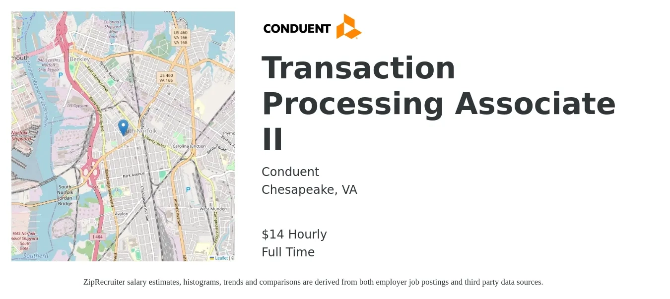 Conduent job posting for a Transaction Processing Associate II in Chesapeake, VA with a salary of $16 Hourly with a map of Chesapeake location.