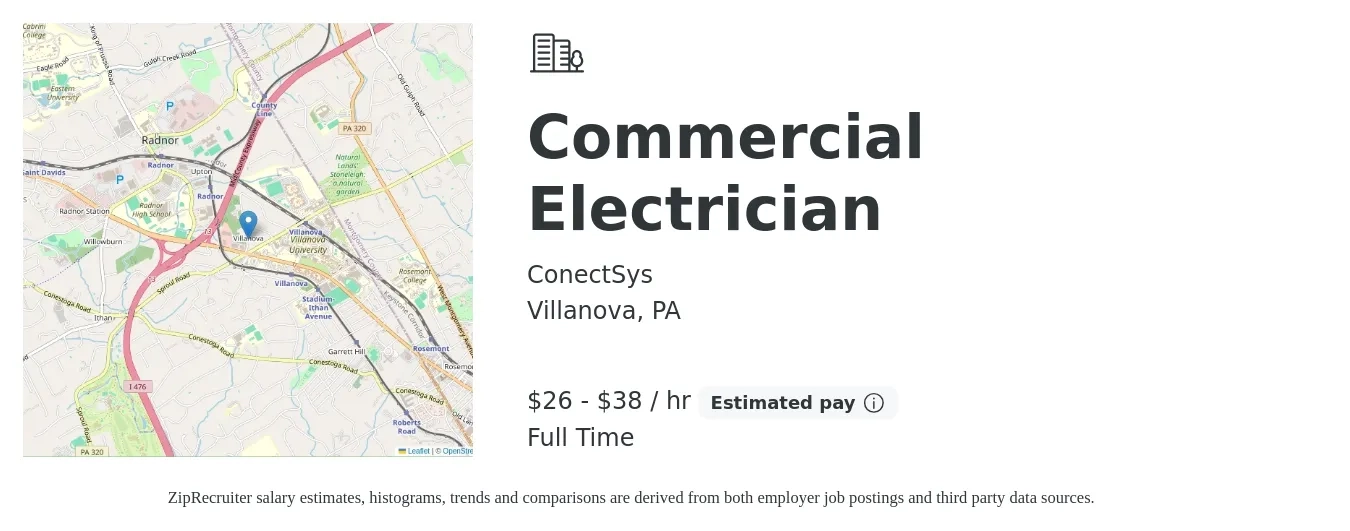 ConectSys job posting for a Commercial Electrician in Villanova, PA with a salary of $28 to $40 Hourly with a map of Villanova location.