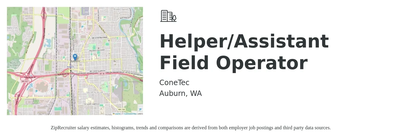 ConeTec job posting for a Helper/Assistant Field Operator in Auburn, WA with a salary of $23 to $28 Hourly with a map of Auburn location.