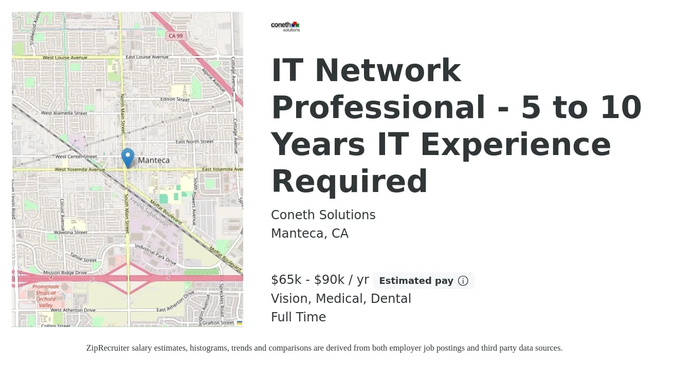 Coneth Solutions job posting for a IT Network Professional - 5 to 10 Years IT Experience Required in Manteca, CA with a salary of $65,000 to $90,000 Yearly and benefits including medical, pto, retirement, vision, and dental with a map of Manteca location.