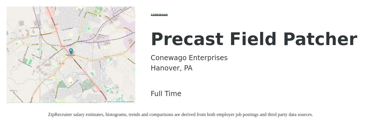 Conewago Enterprises job posting for a Precast Field Patcher in Hanover, PA with a salary of $19 to $28 Hourly with a map of Hanover location.