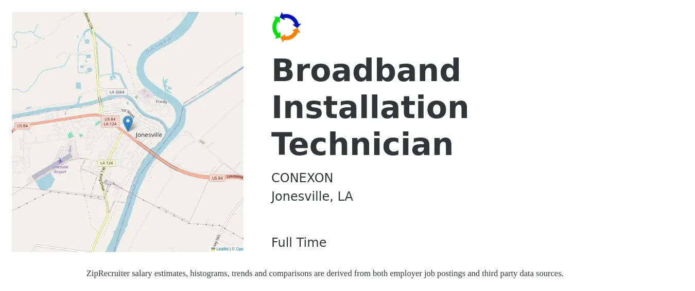 CONEXON job posting for a Broadband Installation Technician in Jonesville, LA with a salary of $19 to $25 Hourly with a map of Jonesville location.