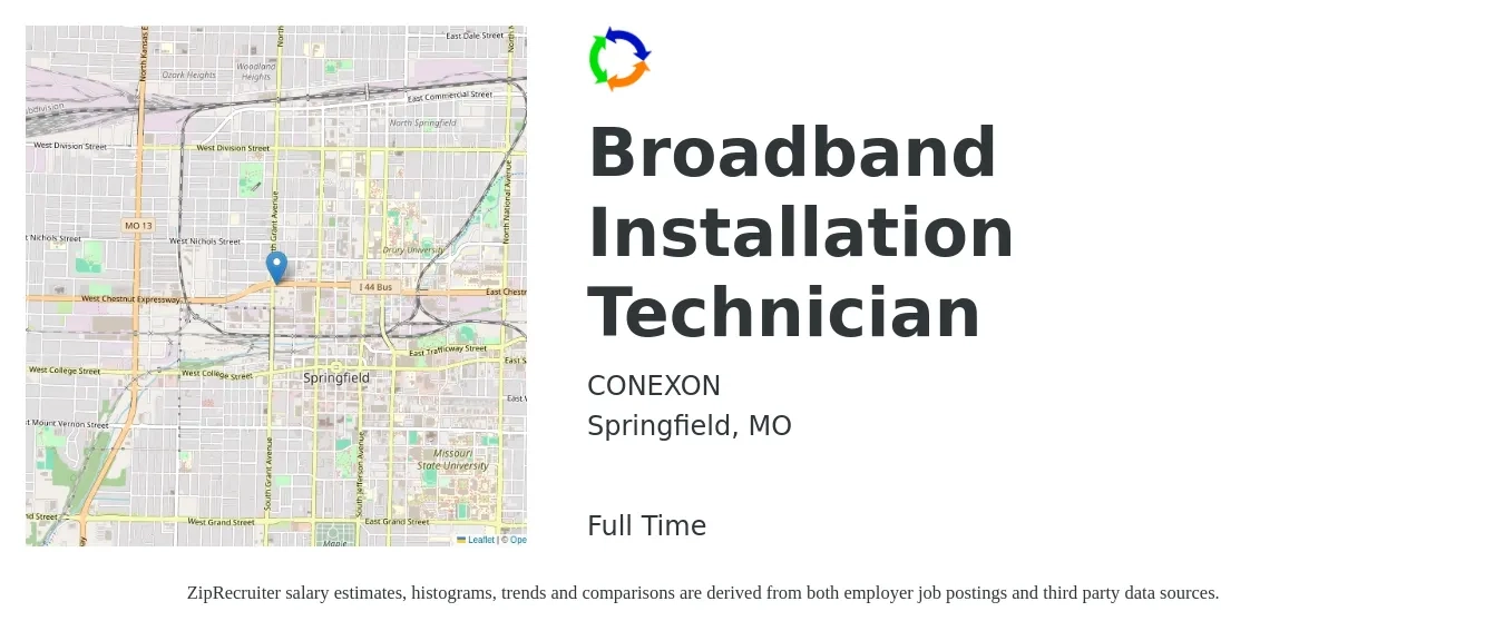 CONEXON job posting for a Broadband Installation Technician in Springfield, MO with a salary of $19 to $25 Hourly with a map of Springfield location.
