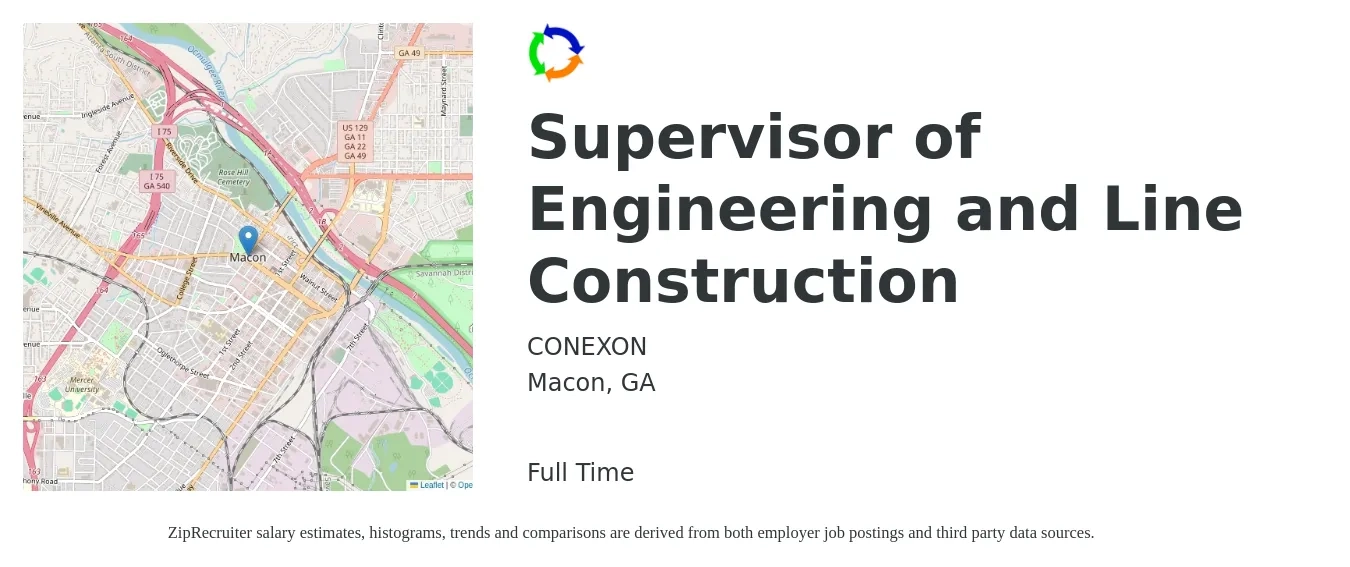 CONEXON job posting for a Supervisor of Engineering and Line Construction in Macon, GA with a salary of $68,100 to $110,800 Yearly with a map of Macon location.