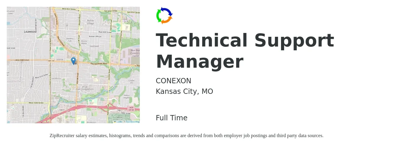 CONEXON job posting for a Technical Support Manager in Kansas City, MO with a salary of $63,400 to $101,500 Yearly with a map of Kansas City location.
