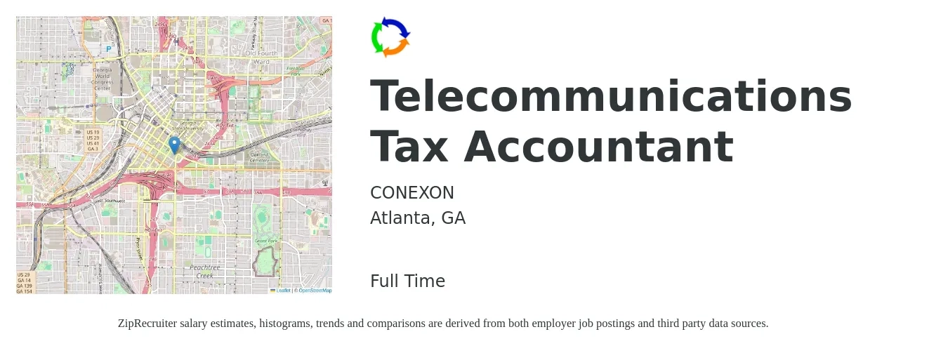CONEXON job posting for a Telecommunications Tax Accountant in Atlanta, GA with a salary of $63,000 to $90,400 Yearly with a map of Atlanta location.