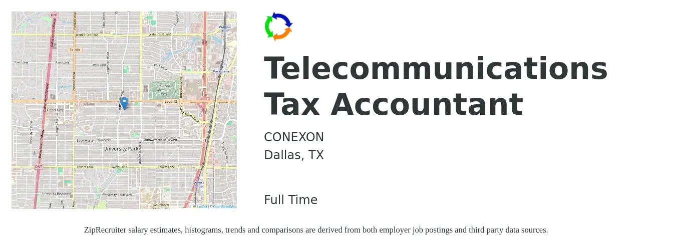 CONEXON job posting for a Telecommunications Tax Accountant in Dallas, TX with a salary of $64,800 to $93,000 Yearly with a map of Dallas location.