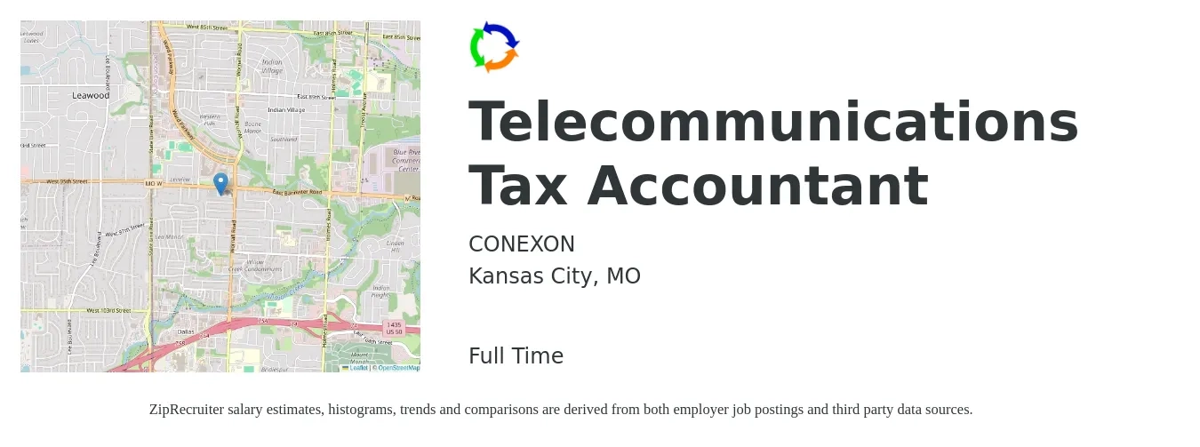 CONEXON job posting for a Telecommunications Tax Accountant in Kansas City, MO with a salary of $63,900 to $91,700 Yearly with a map of Kansas City location.