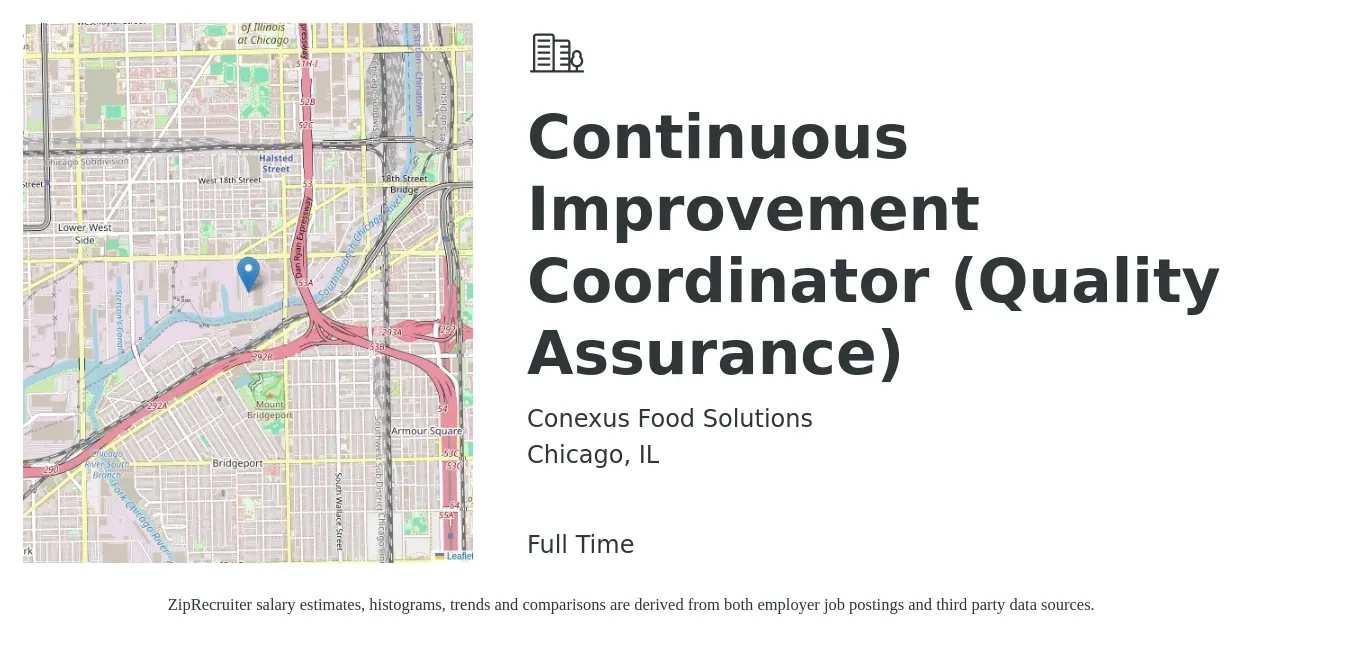 Conexus Food Solutions job posting for a Continuous Improvement Coordinator (Quality Assurance) in Chicago, IL with a salary of $23 to $35 Hourly with a map of Chicago location.
