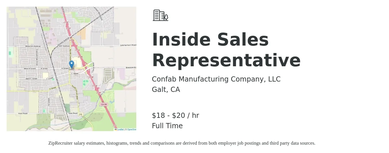 Confab Manufacturing Company, LLC job posting for a Inside Sales Representative in Galt, CA with a salary of $19 to $21 Hourly with a map of Galt location.