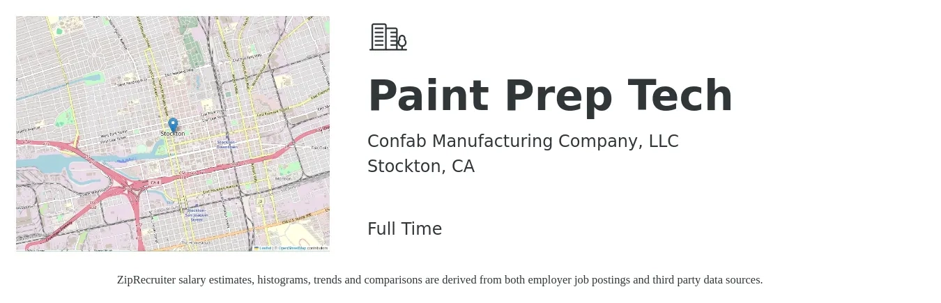 Confab Manufacturing Company, LLC job posting for a Paint Prep Tech in Stockton, CA with a salary of $18 to $21 Hourly with a map of Stockton location.