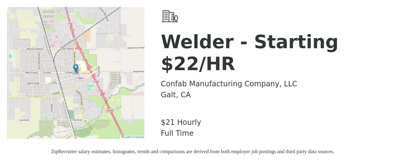 Confab Manufacturing Company, LLC job posting for a Welder - Starting $22/HR in Galt, CA with a salary of $23 Hourly with a map of Galt location.